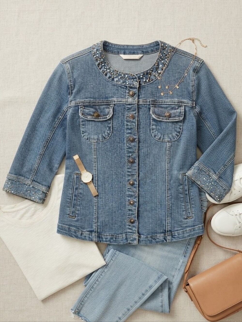 Vintage 90s Y2K Live A Little Embellished Bedazzled Trim Jean Jacket